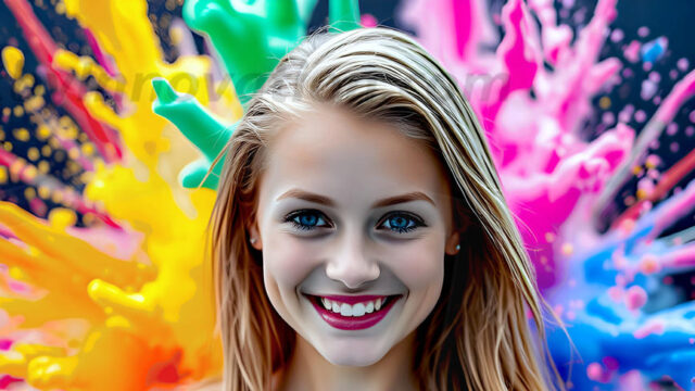 When paint attacks and makes people happy — it's Art! This AI-generated abstract art collection features beautiful, joyful ladies in vibrant swimsuits, covered in vivid body paint as colorful explosions erupt around them. Each image captures a moment of pure happiness — huge smiles, paint bombs bursting in mid-air, rainbow colors flying. Combining photorealistic skin texture with surreal abstract paint dynamics, these images are as joyful as they are stunning. Created using AI, edited in Photoshop, by © Jeff Dupler | Art by Innovation | https://www.artbyinnovation.com