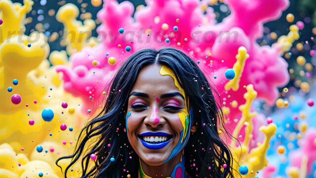 When paint attacks and makes people happy — it's Art! This AI-generated abstract art collection features beautiful, joyful ladies in vibrant swimsuits, covered in vivid body paint as colorful explosions erupt around them. Each image captures a moment of pure happiness — huge smiles, paint bombs bursting in mid-air, rainbow colors flying. Combining photorealistic skin texture with surreal abstract paint dynamics, these images are as joyful as they are stunning. Created using AI, edited in Photoshop, by © Jeff Dupler | Art by Innovation | https://www.artbyinnovation.com