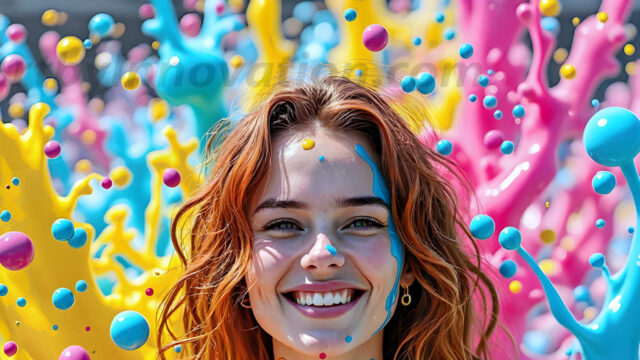 When paint attacks and makes people happy — it's Art! This AI-generated abstract art collection features beautiful, joyful ladies in vibrant swimsuits, covered in vivid body paint as colorful explosions erupt around them. Each image captures a moment of pure happiness — huge smiles, paint bombs bursting in mid-air, rainbow colors flying. Combining photorealistic skin texture with surreal abstract paint dynamics, these images are as joyful as they are stunning. Created using AI, edited in Photoshop, by © Jeff Dupler | Art by Innovation | https://www.artbyinnovation.com