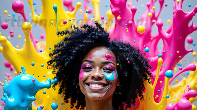 When paint attacks and makes people happy — it's Art! This AI-generated abstract art collection features beautiful, joyful ladies in vibrant swimsuits, covered in vivid body paint as colorful explosions erupt around them. Each image captures a moment of pure happiness — huge smiles, paint bombs bursting in mid-air, rainbow colors flying. Combining photorealistic skin texture with surreal abstract paint dynamics, these images are as joyful as they are stunning. Created using AI, edited in Photoshop, by © Jeff Dupler | Art by Innovation | https://www.artbyinnovation.com