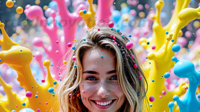 When paint attacks and makes people happy — it's Art! This AI-generated abstract art collection features beautiful, joyful ladies in vibrant swimsuits, covered in vivid body paint as colorful explosions erupt around them. Each image captures a moment of pure happiness — huge smiles, paint bombs bursting in mid-air, rainbow colors flying. Combining photorealistic skin texture with surreal abstract paint dynamics, these images are as joyful as they are stunning. Created using AI, edited in Photoshop, by © Jeff Dupler | Art by Innovation | https://www.artbyinnovation.com