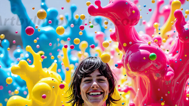 When paint attacks and makes people happy — it's Art! This AI-generated abstract art collection features beautiful, joyful ladies in vibrant swimsuits, covered in vivid body paint as colorful explosions erupt around them. Each image captures a moment of pure happiness — huge smiles, paint bombs bursting in mid-air, rainbow colors flying. Combining photorealistic skin texture with surreal abstract paint dynamics, these images are as joyful as they are stunning. Created using AI, edited in Photoshop, by © Jeff Dupler | Art by Innovation | https://www.artbyinnovation.com