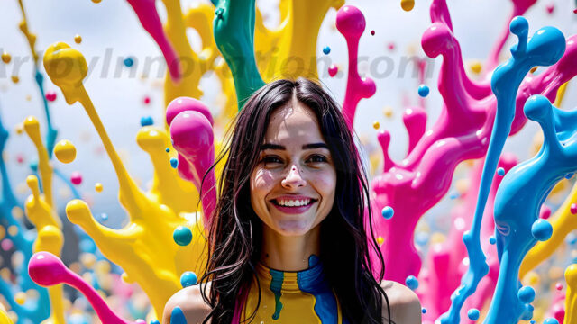 When paint attacks and makes people happy — it's Art! This AI-generated abstract art collection features beautiful, joyful ladies in vibrant swimsuits, covered in vivid body paint as colorful explosions erupt around them. Each image captures a moment of pure happiness — huge smiles, paint bombs bursting in mid-air, rainbow colors flying. Combining photorealistic skin texture with surreal abstract paint dynamics, these images are as joyful as they are stunning. Created using AI, edited in Photoshop, by © Jeff Dupler | Art by Innovation | https://www.artbyinnovation.com
