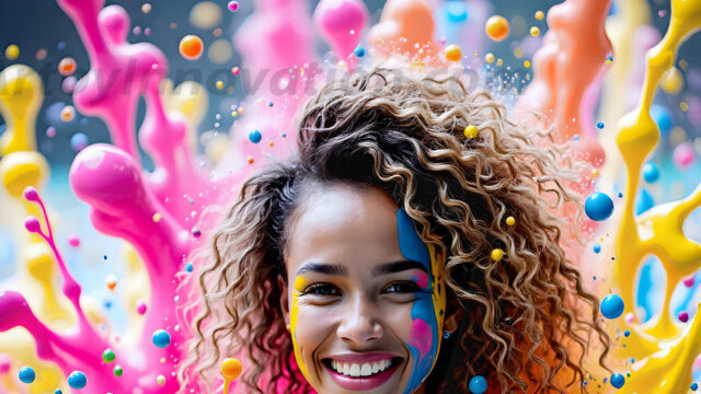 When paint attacks and makes people happy — it's Art! This AI-generated abstract art collection features beautiful, joyful ladies in vibrant swimsuits, covered in vivid body paint as colorful explosions erupt around them. Each image captures a moment of pure happiness — huge smiles, paint bombs bursting in mid-air, rainbow colors flying. Combining photorealistic skin texture with surreal abstract paint dynamics, these images are as joyful as they are stunning. Created using AI, edited in Photoshop, by © Jeff Dupler | Art by Innovation | https://www.artbyinnovation.com