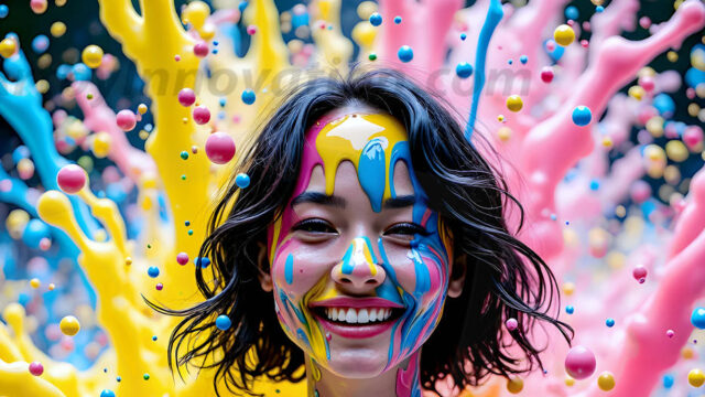 When paint attacks and makes people happy — it's Art! This AI-generated abstract art collection features beautiful, joyful ladies in vibrant swimsuits, covered in vivid body paint as colorful explosions erupt around them. Each image captures a moment of pure happiness — huge smiles, paint bombs bursting in mid-air, rainbow colors flying. Combining photorealistic skin texture with surreal abstract paint dynamics, these images are as joyful as they are stunning. Created using AI, edited in Photoshop, by © Jeff Dupler | Art by Innovation | https://www.artbyinnovation.com