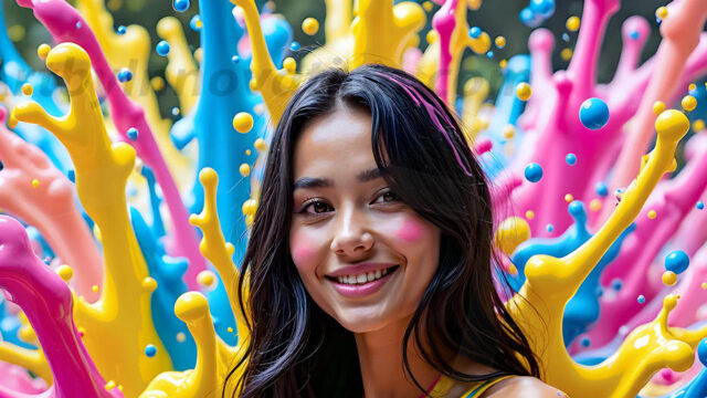 When paint attacks and makes people happy — it's Art! This AI-generated abstract art collection features beautiful, joyful ladies in vibrant swimsuits, covered in vivid body paint as colorful explosions erupt around them. Each image captures a moment of pure happiness — huge smiles, paint bombs bursting in mid-air, rainbow colors flying. Combining photorealistic skin texture with surreal abstract paint dynamics, these images are as joyful as they are stunning. Created using AI, edited in Photoshop, by © Jeff Dupler | Art by Innovation | https://www.artbyinnovation.com