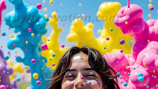 When paint attacks and makes people happy — it's Art! This AI-generated abstract art collection features beautiful, joyful ladies in vibrant swimsuits, covered in vivid body paint as colorful explosions erupt around them. Each image captures a moment of pure happiness — huge smiles, paint bombs bursting in mid-air, rainbow colors flying. Combining photorealistic skin texture with surreal abstract paint dynamics, these images are as joyful as they are stunning. Created using AI, edited in Photoshop, by © Jeff Dupler | Art by Innovation | https://www.artbyinnovation.com