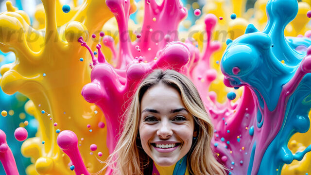 When paint attacks and makes people happy — it's Art! This AI-generated abstract art collection features beautiful, joyful ladies in vibrant swimsuits, covered in vivid body paint as colorful explosions erupt around them. Each image captures a moment of pure happiness — huge smiles, paint bombs bursting in mid-air, rainbow colors flying. Combining photorealistic skin texture with surreal abstract paint dynamics, these images are as joyful as they are stunning. Created using AI, edited in Photoshop, by © Jeff Dupler | Art by Innovation | https://www.artbyinnovation.com