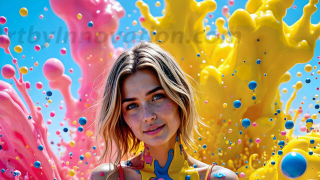 When paint attacks and makes people happy — it's Art! This AI-generated abstract art collection features beautiful, joyful ladies in vibrant swimsuits, covered in vivid body paint as colorful explosions erupt around them. Each image captures a moment of pure happiness — huge smiles, paint bombs bursting in mid-air, rainbow colors flying. Combining photorealistic skin texture with surreal abstract paint dynamics, these images are as joyful as they are stunning. Created using AI, edited in Photoshop, by © Jeff Dupler | Art by Innovation | https://www.artbyinnovation.com