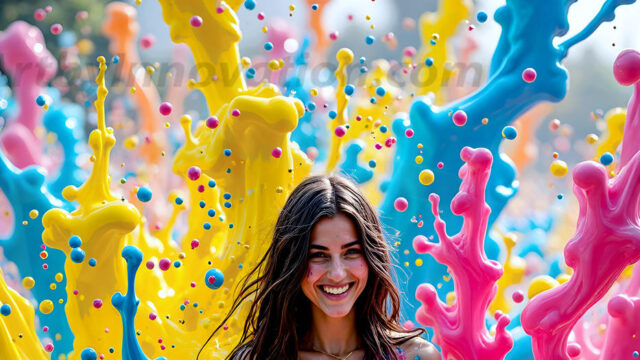 When paint attacks and makes people happy — it's Art! This AI-generated abstract art collection features beautiful, joyful ladies in vibrant swimsuits, covered in vivid body paint as colorful explosions erupt around them. Each image captures a moment of pure happiness — huge smiles, paint bombs bursting in mid-air, rainbow colors flying. Combining photorealistic skin texture with surreal abstract paint dynamics, these images are as joyful as they are stunning. Created using AI, edited in Photoshop, by © Jeff Dupler | Art by Innovation | https://www.artbyinnovation.com