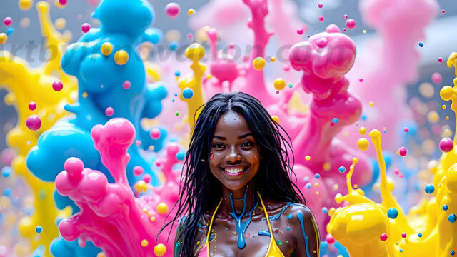 When paint attacks and makes people happy — it's Art! This AI-generated abstract art collection features beautiful, joyful ladies in vibrant swimsuits, covered in vivid body paint as colorful explosions erupt around them. Each image captures a moment of pure happiness — huge smiles, paint bombs bursting in mid-air, rainbow colors flying. Combining photorealistic skin texture with surreal abstract paint dynamics, these images are as joyful as they are stunning. Created using AI, edited in Photoshop, by © Jeff Dupler | Art by Innovation | https://www.artbyinnovation.com