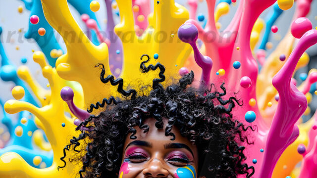 When paint attacks and makes people happy — it's Art! This AI-generated abstract art collection features beautiful, joyful ladies in vibrant swimsuits, covered in vivid body paint as colorful explosions erupt around them. Each image captures a moment of pure happiness — huge smiles, paint bombs bursting in mid-air, rainbow colors flying. Combining photorealistic skin texture with surreal abstract paint dynamics, these images are as joyful as they are stunning. Created using AI, edited in Photoshop, by © Jeff Dupler | Art by Innovation | https://www.artbyinnovation.com