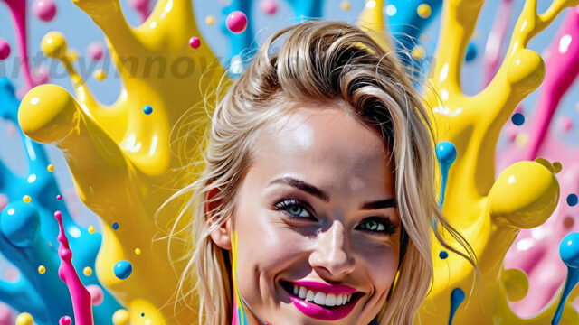 When paint attacks and makes people happy — it's Art! This AI-generated abstract art collection features beautiful, joyful ladies in vibrant swimsuits, covered in vivid body paint as colorful explosions erupt around them. Each image captures a moment of pure happiness — huge smiles, paint bombs bursting in mid-air, rainbow colors flying. Combining photorealistic skin texture with surreal abstract paint dynamics, these images are as joyful as they are stunning. Created using AI, edited in Photoshop, by © Jeff Dupler | Art by Innovation | https://www.artbyinnovation.com