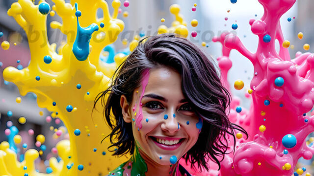 When paint attacks and makes people happy — it's Art! This AI-generated abstract art collection features beautiful, joyful ladies in vibrant swimsuits, covered in vivid body paint as colorful explosions erupt around them. Each image captures a moment of pure happiness — huge smiles, paint bombs bursting in mid-air, rainbow colors flying. Combining photorealistic skin texture with surreal abstract paint dynamics, these images are as joyful as they are stunning. Created using AI, edited in Photoshop, by © Jeff Dupler | Art by Innovation | https://www.artbyinnovation.com