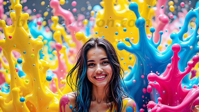 When paint attacks and makes people happy — it's Art! This AI-generated abstract art collection features beautiful, joyful ladies in vibrant swimsuits, covered in vivid body paint as colorful explosions erupt around them. Each image captures a moment of pure happiness — huge smiles, paint bombs bursting in mid-air, rainbow colors flying. Combining photorealistic skin texture with surreal abstract paint dynamics, these images are as joyful as they are stunning. Created using AI, edited in Photoshop, by © Jeff Dupler | Art by Innovation | https://www.artbyinnovation.com