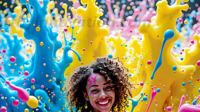 When paint attacks and makes people happy — it's Art! This AI-generated abstract art collection features beautiful, joyful ladies in vibrant swimsuits, covered in vivid body paint as colorful explosions erupt around them. Each image captures a moment of pure happiness — huge smiles, paint bombs bursting in mid-air, rainbow colors flying. Combining photorealistic skin texture with surreal abstract paint dynamics, these images are as joyful as they are stunning. Created using AI, edited in Photoshop, by © Jeff Dupler | Art by Innovation | https://www.artbyinnovation.com