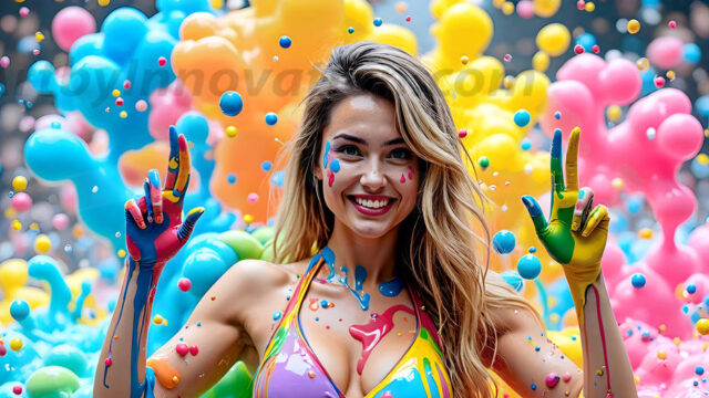 When paint attacks and makes people happy — it's Art! This AI-generated abstract art collection features beautiful, joyful ladies in vibrant swimsuits, covered in vivid body paint as colorful explosions erupt around them. Each image captures a moment of pure happiness — huge smiles, paint bombs bursting in mid-air, rainbow colors flying. Combining photorealistic skin texture with surreal abstract paint dynamics, these images are as joyful as they are stunning. Created using AI, edited in Photoshop, by © Jeff Dupler | Art by Innovation | https://www.artbyinnovation.com