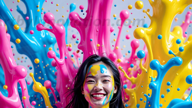 When paint attacks and makes people happy — it's Art! This AI-generated abstract art collection features beautiful, joyful ladies in vibrant swimsuits, covered in vivid body paint as colorful explosions erupt around them. Each image captures a moment of pure happiness — huge smiles, paint bombs bursting in mid-air, rainbow colors flying. Combining photorealistic skin texture with surreal abstract paint dynamics, these images are as joyful as they are stunning. Created using AI, edited in Photoshop, by © Jeff Dupler | Art by Innovation | https://www.artbyinnovation.com
