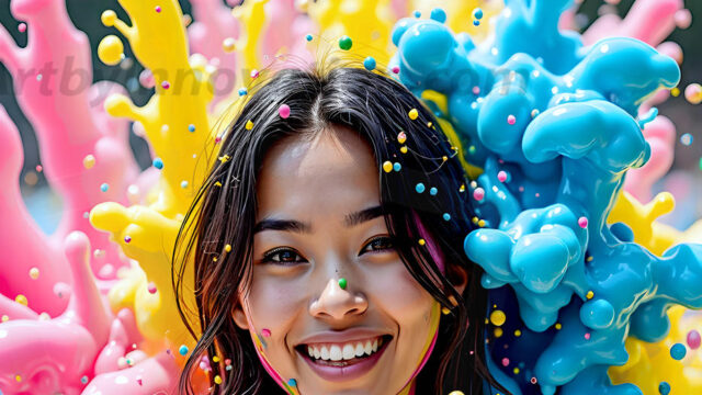 When paint attacks and makes people happy — it's Art! This AI-generated abstract art collection features beautiful, joyful ladies in vibrant swimsuits, covered in vivid body paint as colorful explosions erupt around them. Each image captures a moment of pure happiness — huge smiles, paint bombs bursting in mid-air, rainbow colors flying. Combining photorealistic skin texture with surreal abstract paint dynamics, these images are as joyful as they are stunning. Created using AI, edited in Photoshop, by © Jeff Dupler | Art by Innovation | https://www.artbyinnovation.com