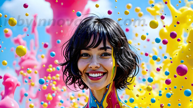 When paint attacks and makes people happy — it's Art! This AI-generated abstract art collection features beautiful, joyful ladies in vibrant swimsuits, covered in vivid body paint as colorful explosions erupt around them. Each image captures a moment of pure happiness — huge smiles, paint bombs bursting in mid-air, rainbow colors flying. Combining photorealistic skin texture with surreal abstract paint dynamics, these images are as joyful as they are stunning. Created using AI, edited in Photoshop, by © Jeff Dupler | Art by Innovation | https://www.artbyinnovation.com