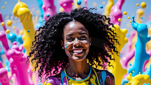When paint attacks and makes people happy — it's Art! This AI-generated abstract art collection features beautiful, joyful ladies in vibrant swimsuits, covered in vivid body paint as colorful explosions erupt around them. Each image captures a moment of pure happiness — huge smiles, paint bombs bursting in mid-air, rainbow colors flying. Combining photorealistic skin texture with surreal abstract paint dynamics, these images are as joyful as they are stunning. Created using AI, edited in Photoshop, by © Jeff Dupler | Art by Innovation | https://www.artbyinnovation.com