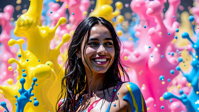 When paint attacks and makes people happy — it's Art! This AI-generated abstract art collection features beautiful, joyful ladies in vibrant swimsuits, covered in vivid body paint as colorful explosions erupt around them. Each image captures a moment of pure happiness — huge smiles, paint bombs bursting in mid-air, rainbow colors flying. Combining photorealistic skin texture with surreal abstract paint dynamics, these images are as joyful as they are stunning. Created using AI, edited in Photoshop, by © Jeff Dupler | Art by Innovation | https://www.artbyinnovation.com