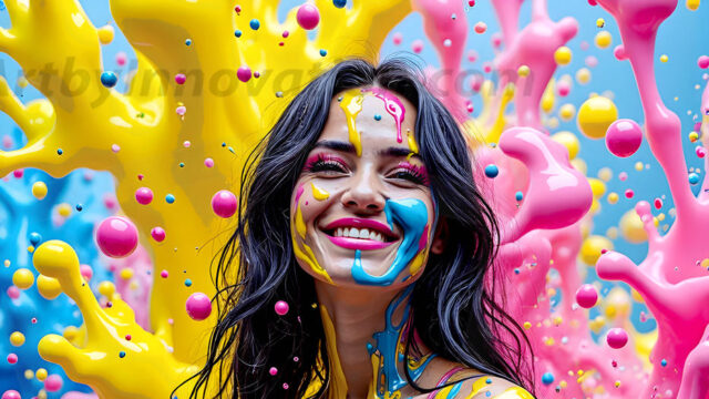 When paint attacks and makes people happy — it's Art! This AI-generated abstract art collection features beautiful, joyful ladies in vibrant swimsuits, covered in vivid body paint as colorful explosions erupt around them. Each image captures a moment of pure happiness — huge smiles, paint bombs bursting in mid-air, rainbow colors flying. Combining photorealistic skin texture with surreal abstract paint dynamics, these images are as joyful as they are stunning. Created using AI, edited in Photoshop, by © Jeff Dupler | Art by Innovation | https://www.artbyinnovation.com