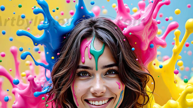 When paint attacks and makes people happy — it's Art! This AI-generated abstract art collection features beautiful, joyful ladies in vibrant swimsuits, covered in vivid body paint as colorful explosions erupt around them. Each image captures a moment of pure happiness — huge smiles, paint bombs bursting in mid-air, rainbow colors flying. Combining photorealistic skin texture with surreal abstract paint dynamics, these images are as joyful as they are stunning. Created using AI, edited in Photoshop, by © Jeff Dupler | Art by Innovation | https://www.artbyinnovation.com