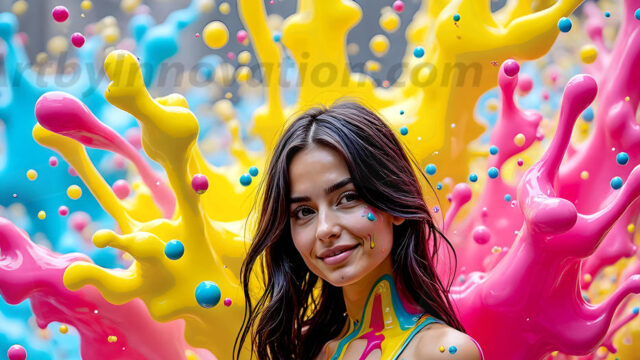 When paint attacks and makes people happy — it's Art! This AI-generated abstract art collection features beautiful, joyful ladies in vibrant swimsuits, covered in vivid body paint as colorful explosions erupt around them. Each image captures a moment of pure happiness — huge smiles, paint bombs bursting in mid-air, rainbow colors flying. Combining photorealistic skin texture with surreal abstract paint dynamics, these images are as joyful as they are stunning. Created using AI, edited in Photoshop, by © Jeff Dupler | Art by Innovation | https://www.artbyinnovation.com