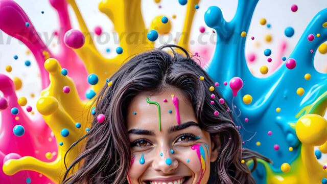 When paint attacks and makes people happy — it's Art! This AI-generated abstract art collection features beautiful, joyful ladies in vibrant swimsuits, covered in vivid body paint as colorful explosions erupt around them. Each image captures a moment of pure happiness — huge smiles, paint bombs bursting in mid-air, rainbow colors flying. Combining photorealistic skin texture with surreal abstract paint dynamics, these images are as joyful as they are stunning. Created using AI, edited in Photoshop, by © Jeff Dupler | Art by Innovation | https://www.artbyinnovation.com