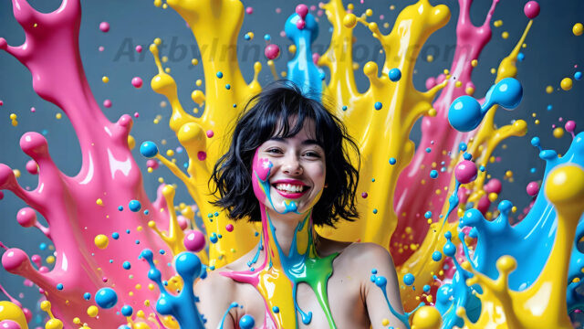 When paint attacks and makes people happy — it's Art! This AI-generated abstract art collection features beautiful, joyful ladies in vibrant swimsuits, covered in vivid body paint as colorful explosions erupt around them. Each image captures a moment of pure happiness — huge smiles, paint bombs bursting in mid-air, rainbow colors flying. Combining photorealistic skin texture with surreal abstract paint dynamics, these images are as joyful as they are stunning. Created using AI, edited in Photoshop, by © Jeff Dupler | Art by Innovation | https://www.artbyinnovation.com