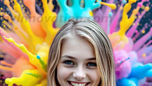 When paint attacks and makes people happy — it's Art! This AI-generated abstract art collection features beautiful, joyful ladies in vibrant swimsuits, covered in vivid body paint as colorful explosions erupt around them. Each image captures a moment of pure happiness — huge smiles, paint bombs bursting in mid-air, rainbow colors flying. Combining photorealistic skin texture with surreal abstract paint dynamics, these images are as joyful as they are stunning. Created using AI, edited in Photoshop, by © Jeff Dupler | Art by Innovation | https://www.artbyinnovation.com