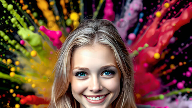 When paint attacks and makes people happy — it's Art! This AI-generated abstract art collection features beautiful, joyful ladies in vibrant swimsuits, covered in vivid body paint as colorful explosions erupt around them. Each image captures a moment of pure happiness — huge smiles, paint bombs bursting in mid-air, rainbow colors flying. Combining photorealistic skin texture with surreal abstract paint dynamics, these images are as joyful as they are stunning. Created using AI, edited in Photoshop, by © Jeff Dupler | Art by Innovation | https://www.artbyinnovation.com