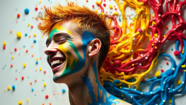 Paint Splat Fun - Hot men having fun with body paint. AI-generated abstract art featuring beautiful, handsome, sexy, shirtless, men, boys, lads, full of excitement joy and fun, covered in body paint, dynamic, interactive, Combining elements of realism with surreal abstract qualities, showcasing the potential of AI in artistic expression. Photos of guys, just smiling, happy, and having a good time. Most of them are smiling because a paint bomb just blow up next to them, so I'm calling is Abstract Art. When paint attacks and makes people happy, it's Art!
