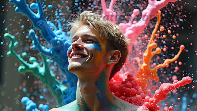 Paint Splat Fun - Hot men having fun with body paint. AI-generated abstract art featuring beautiful, handsome, sexy, shirtless, men, boys, lads, full of excitement joy and fun, covered in body paint, dynamic, interactive, Combining elements of realism with surreal abstract qualities, showcasing the potential of AI in artistic expression. Photos of guys, just smiling, happy, and having a good time. Most of them are smiling because a paint bomb just blow up next to them, so I'm calling is Abstract Art. When paint attacks and makes people happy, it's Art!