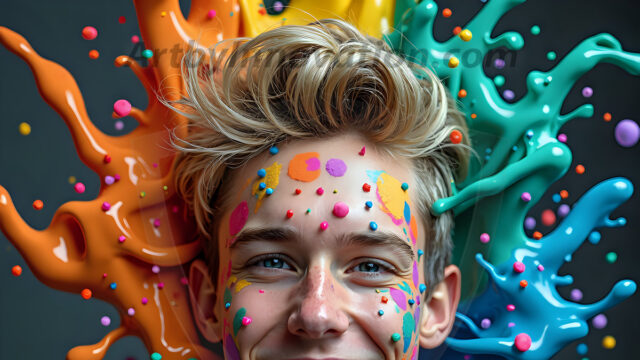 Paint Splat Fun - Hot men having fun with body paint. AI-generated abstract art featuring beautiful, handsome, sexy, shirtless, men, boys, lads, full of excitement joy and fun, covered in body paint, dynamic, interactive, Combining elements of realism with surreal abstract qualities, showcasing the potential of AI in artistic expression. Photos of guys, just smiling, happy, and having a good time. Most of them are smiling because a paint bomb just blow up next to them, so I'm calling is Abstract Art. When paint attacks and makes people happy, it's Art!