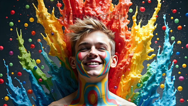 Paint Splat Fun - Hot men having fun with body paint. AI-generated abstract art featuring beautiful, handsome, sexy, shirtless, men, boys, lads, full of excitement joy and fun, covered in body paint, dynamic, interactive, Combining elements of realism with surreal abstract qualities, showcasing the potential of AI in artistic expression. Photos of guys, just smiling, happy, and having a good time. Most of them are smiling because a paint bomb just blow up next to them, so I'm calling is Abstract Art. When paint attacks and makes people happy, it's Art!