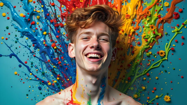 Paint Splat Fun - Hot men having fun with body paint. AI-generated abstract art featuring beautiful, handsome, sexy, shirtless, men, boys, lads, full of excitement joy and fun, covered in body paint, dynamic, interactive, Combining elements of realism with surreal abstract qualities, showcasing the potential of AI in artistic expression. Photos of guys, just smiling, happy, and having a good time. Most of them are smiling because a paint bomb just blow up next to them, so I'm calling is Abstract Art. When paint attacks and makes people happy, it's Art!