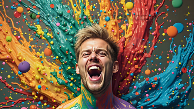 Paint Splat Fun - Hot men having fun with body paint. AI-generated abstract art featuring beautiful, handsome, sexy, shirtless, men, boys, lads, full of excitement joy and fun, covered in body paint, dynamic, interactive, Combining elements of realism with surreal abstract qualities, showcasing the potential of AI in artistic expression. Photos of guys, just smiling, happy, and having a good time. Most of them are smiling because a paint bomb just blow up next to them, so I'm calling is Abstract Art. When paint attacks and makes people happy, it's Art!