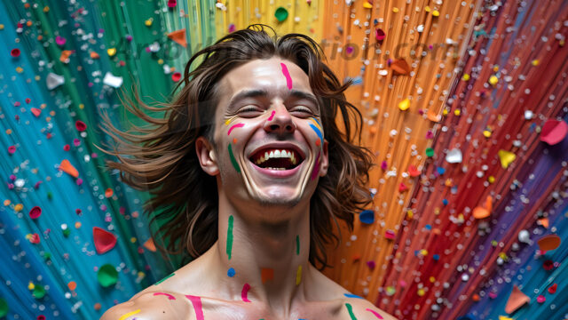 Paint Splat Fun - Hot men having fun with body paint. AI-generated abstract art featuring beautiful, handsome, sexy, shirtless, men, boys, lads, full of excitement joy and fun, covered in body paint, dynamic, interactive, Combining elements of realism with surreal abstract qualities, showcasing the potential of AI in artistic expression. Photos of guys, just smiling, happy, and having a good time. Most of them are smiling because a paint bomb just blow up next to them, so I'm calling is Abstract Art. When paint attacks and makes people happy, it's Art!