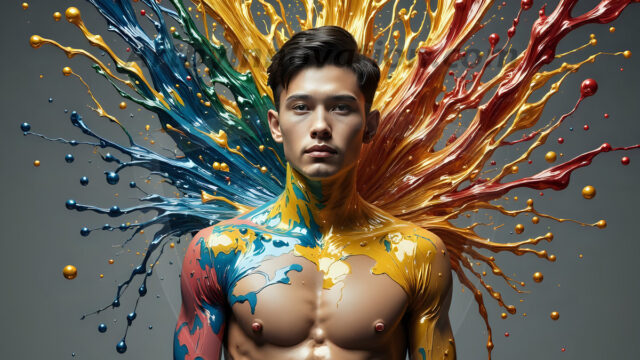 Paint Splat Fun - Hot men having fun with body paint. AI-generated abstract art featuring beautiful, handsome, sexy, shirtless, men, boys, lads, full of excitement joy and fun, covered in body paint, dynamic, interactive, Combining elements of realism with surreal abstract qualities, showcasing the potential of AI in artistic expression. Photos of guys, just smiling, happy, and having a good time. Most of them are smiling because a paint bomb just blow up next to them, so I'm calling is Abstract Art. When paint attacks and makes people happy, it's Art!