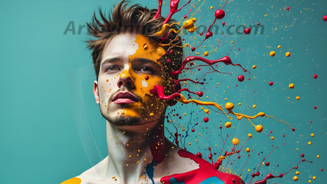 Paint Splat Fun - Hot men having fun with body paint. AI-generated abstract art featuring beautiful, handsome, sexy, shirtless, men, boys, lads, full of excitement joy and fun, covered in body paint, dynamic, interactive, Combining elements of realism with surreal abstract qualities, showcasing the potential of AI in artistic expression. Photos of guys, just smiling, happy, and having a good time. Most of them are smiling because a paint bomb just blow up next to them, so I'm calling is Abstract Art. When paint attacks and makes people happy, it's Art!