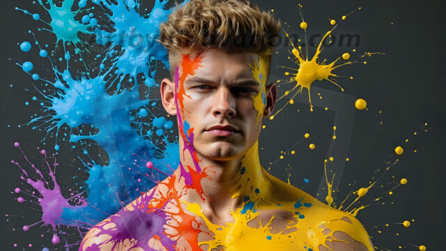Paint Splat Fun - Hot men having fun with body paint. AI-generated abstract art featuring beautiful, handsome, sexy, shirtless, men, boys, lads, full of excitement joy and fun, covered in body paint, dynamic, interactive, Combining elements of realism with surreal abstract qualities, showcasing the potential of AI in artistic expression. Photos of guys, just smiling, happy, and having a good time. Most of them are smiling because a paint bomb just blow up next to them, so I'm calling is Abstract Art. When paint attacks and makes people happy, it's Art!