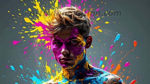 Paint Splat Fun - Hot men having fun with body paint. AI-generated abstract art featuring beautiful, handsome, sexy, shirtless, men, boys, lads, full of excitement joy and fun, covered in body paint, dynamic, interactive, Combining elements of realism with surreal abstract qualities, showcasing the potential of AI in artistic expression. Photos of guys, just smiling, happy, and having a good time. Most of them are smiling because a paint bomb just blow up next to them, so I'm calling is Abstract Art. When paint attacks and makes people happy, it's Art!