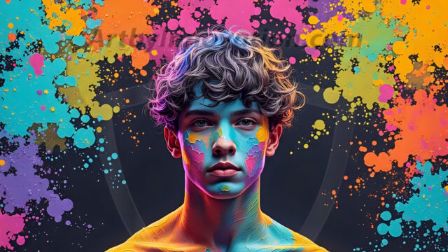 Paint Splat Fun - Hot men having fun with body paint. AI-generated abstract art featuring beautiful, handsome, sexy, shirtless, men, boys, lads, full of excitement joy and fun, covered in body paint, dynamic, interactive, Combining elements of realism with surreal abstract qualities, showcasing the potential of AI in artistic expression. Photos of guys, just smiling, happy, and having a good time. Most of them are smiling because a paint bomb just blow up next to them, so I'm calling is Abstract Art. When paint attacks and makes people happy, it's Art!