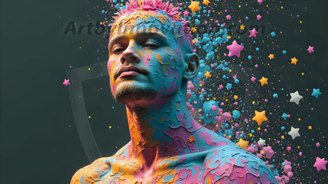 Paint Splat Fun - Hot men having fun with body paint. AI-generated abstract art featuring beautiful, handsome, sexy, shirtless, men, boys, lads, full of excitement joy and fun, covered in body paint, dynamic, interactive, Combining elements of realism with surreal abstract qualities, showcasing the potential of AI in artistic expression. Photos of guys, just smiling, happy, and having a good time. Most of them are smiling because a paint bomb just blow up next to them, so I'm calling is Abstract Art. When paint attacks and makes people happy, it's Art!