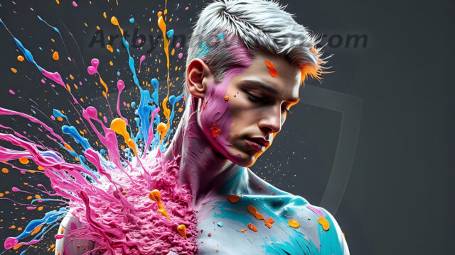 Paint Splat Fun - Hot men having fun with body paint. AI-generated abstract art featuring beautiful, handsome, sexy, shirtless, men, boys, lads, full of excitement joy and fun, covered in body paint, dynamic, interactive, Combining elements of realism with surreal abstract qualities, showcasing the potential of AI in artistic expression. Photos of guys, just smiling, happy, and having a good time. Most of them are smiling because a paint bomb just blow up next to them, so I'm calling is Abstract Art. When paint attacks and makes people happy, it's Art!