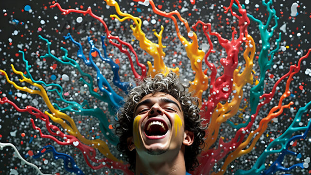 Paint Splat Fun - Hot men having fun with body paint. AI-generated abstract art featuring beautiful, handsome, sexy, shirtless, men, boys, lads, full of excitement joy and fun, covered in body paint, dynamic, interactive, Combining elements of realism with surreal abstract qualities, showcasing the potential of AI in artistic expression. Photos of guys, just smiling, happy, and having a good time. Most of them are smiling because a paint bomb just blow up next to them, so I'm calling is Abstract Art. When paint attacks and makes people happy, it's Art!