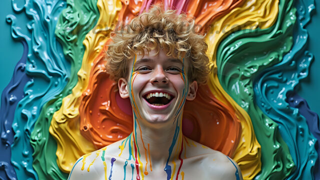 Paint Splat Fun - Hot men having fun with body paint. AI-generated abstract art featuring beautiful, handsome, sexy, shirtless, men, boys, lads, full of excitement joy and fun, covered in body paint, dynamic, interactive, Combining elements of realism with surreal abstract qualities, showcasing the potential of AI in artistic expression. Photos of guys, just smiling, happy, and having a good time. Most of them are smiling because a paint bomb just blow up next to them, so I'm calling is Abstract Art. When paint attacks and makes people happy, it's Art!