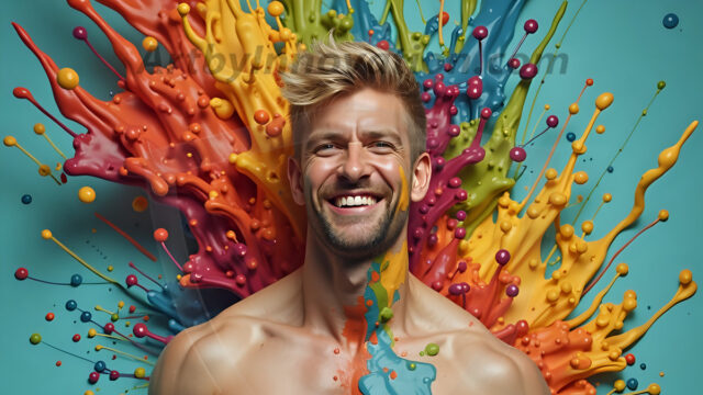 Paint Splat Fun - Hot men having fun with body paint. AI-generated abstract art featuring beautiful, handsome, sexy, shirtless, men, boys, lads, full of excitement joy and fun, covered in body paint, dynamic, interactive, Combining elements of realism with surreal abstract qualities, showcasing the potential of AI in artistic expression. Photos of guys, just smiling, happy, and having a good time. Most of them are smiling because a paint bomb just blow up next to them, so I'm calling is Abstract Art. When paint attacks and makes people happy, it's Art!